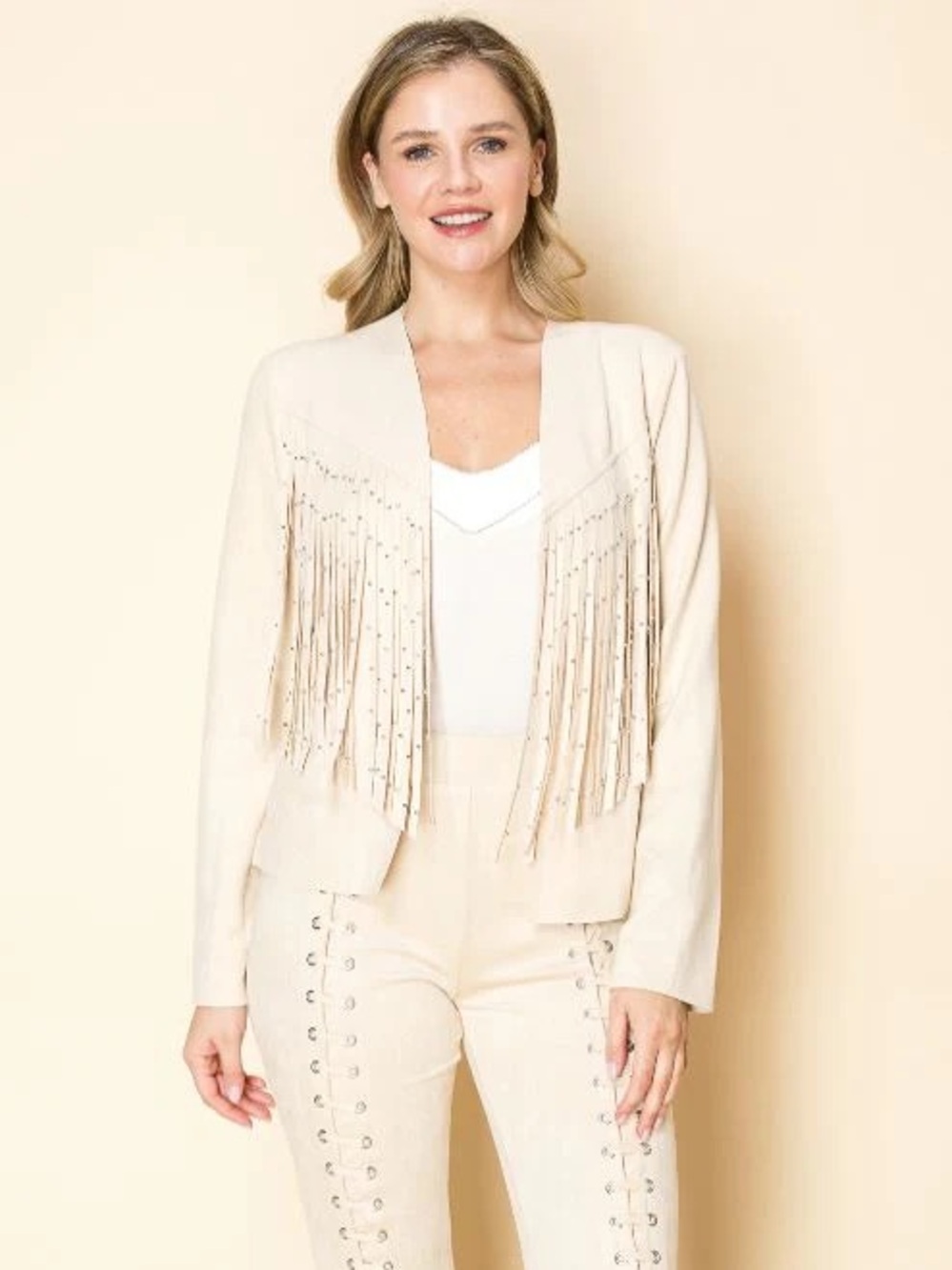 Vocal Apparel Natural Front Studded Fringe Long Sleeve Faux Suede Jacket
